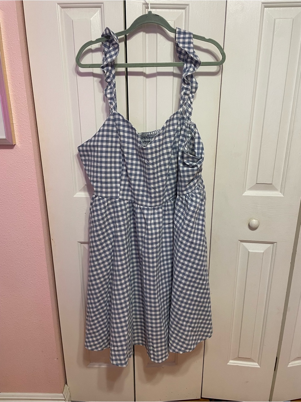 Blue Gingham Ruffle Strap Dress
